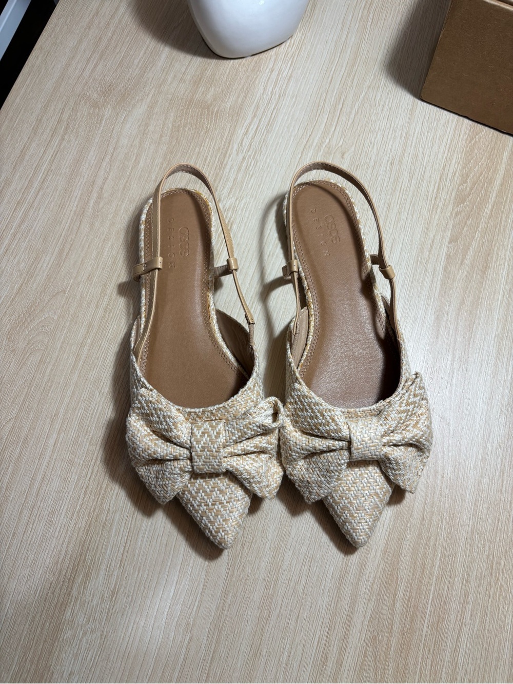 ASOS Beige Woven Pointed Toe Bow Slingback Flats